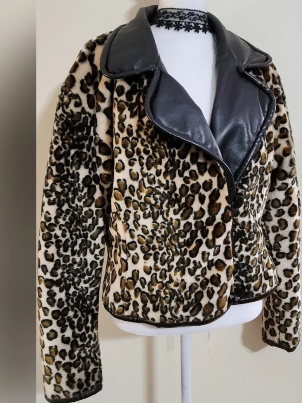 Y2K Reversible Black And Leopard Print Faux Leather Moto Jacket Coat
